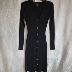 Black Ribbed Button Front Vneck Long Sleeve Bodycon Midi Sweater Dress
